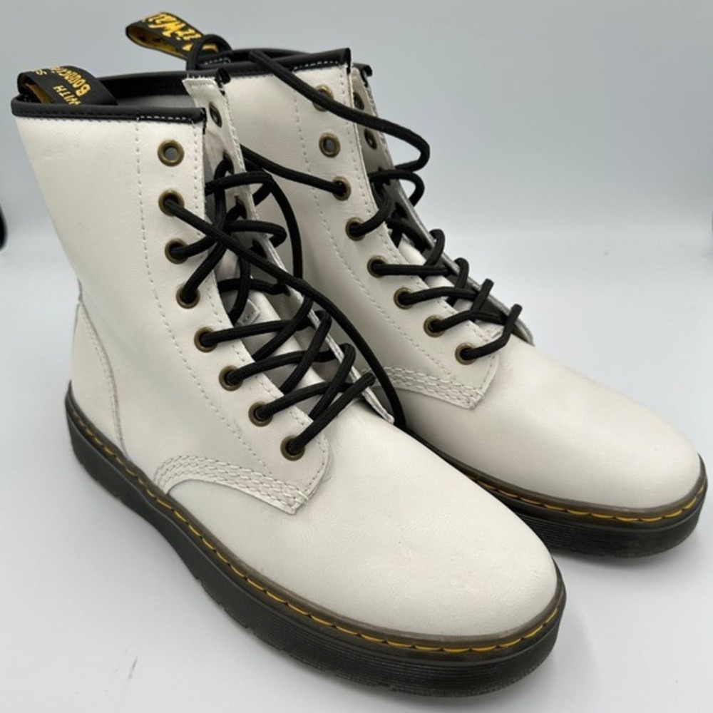 Dr. Martens Zavala White Leather Combat Boots Lace Up Womens 9 Grunge Festival‎